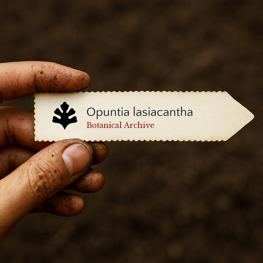 Printed plant label for Opuntia lasiacantha held by dirty hand with soil background