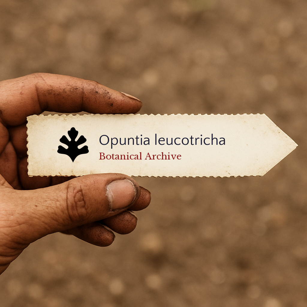 Printed plant label for Opuntia leucotricha held by dirty hand over soil background