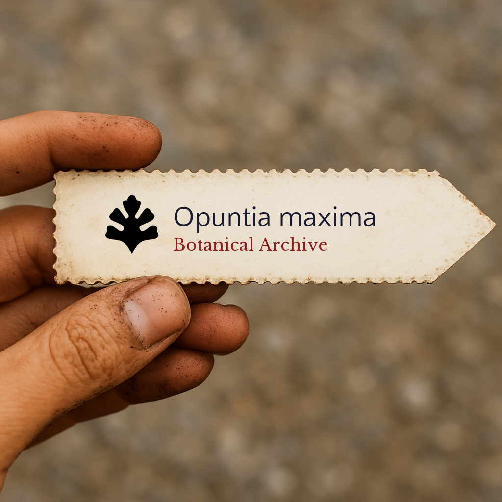 Printed plant label for Opuntia maxima with botanical archive logo held by hand