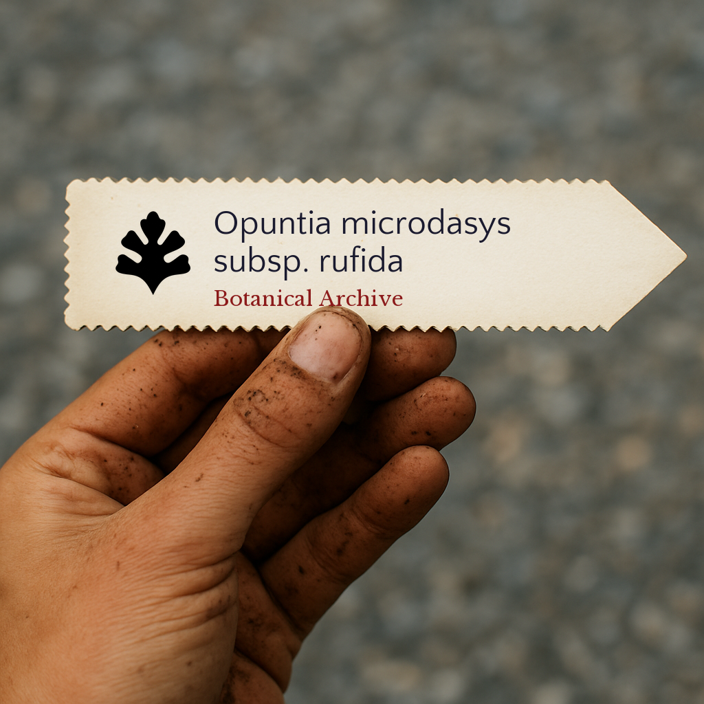 Printed plant label for Opuntia microdasys subsp. rufida held by dirty hand