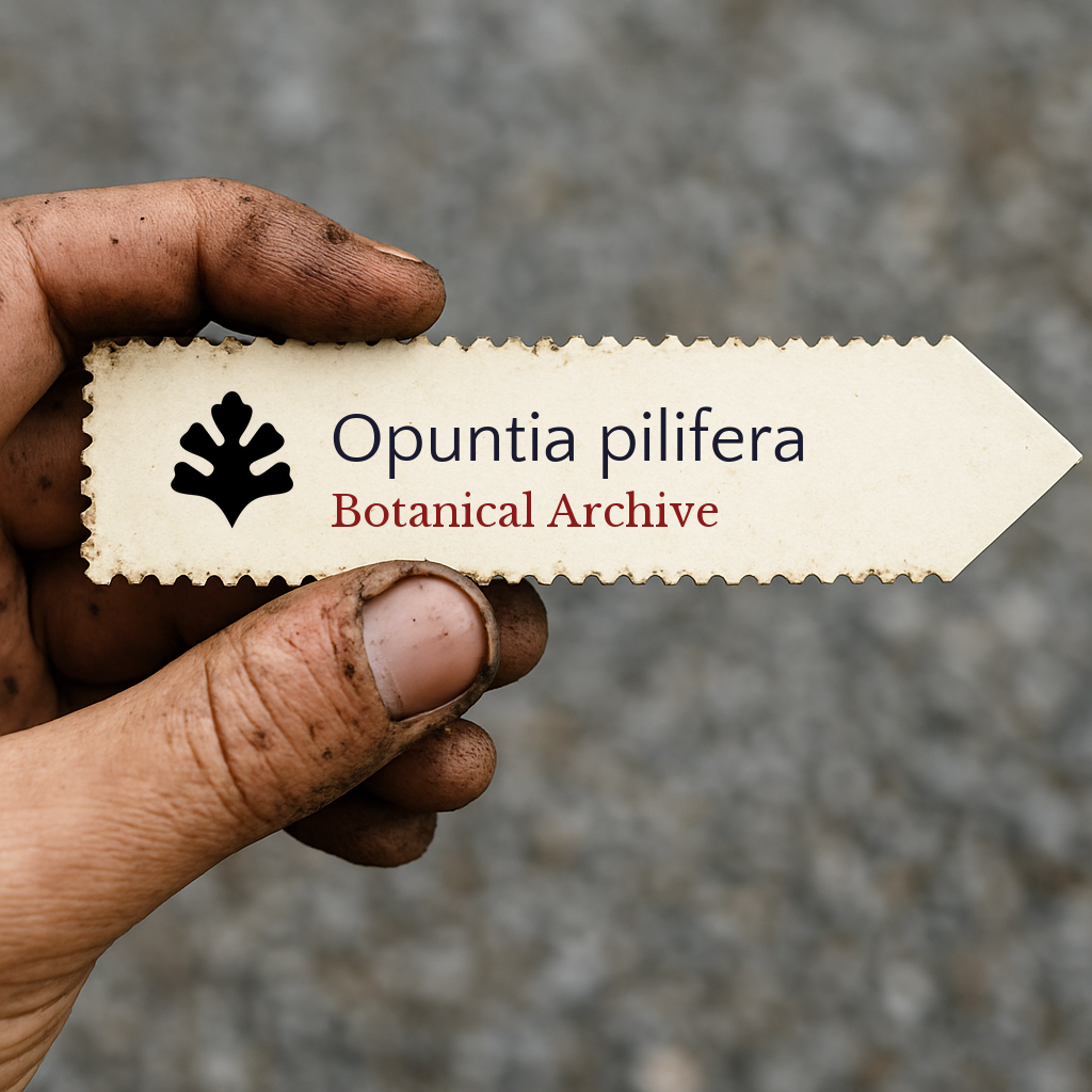 Printed plant label for Opuntia pilifera held by a dirty hand with arrow shape