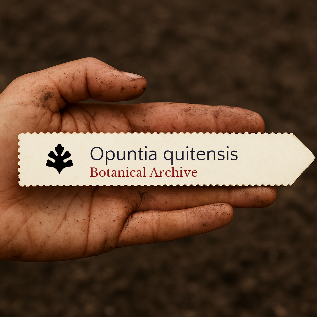 Printed plant label for Opuntia quitensis held in dirty hand with soil background