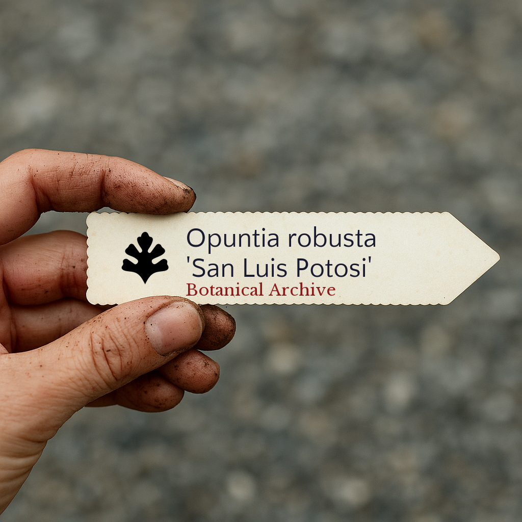 Printed plant label for Opuntia robusta 'San Luis Potosi' held by dirty hand outdoors