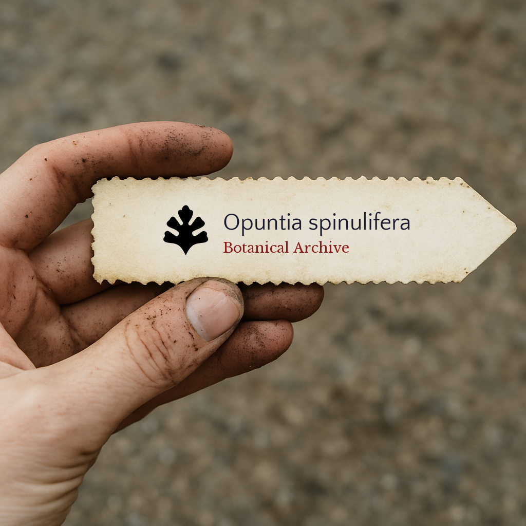 Printed plant label for Opuntia spinulifera held by dirty hand outdoors