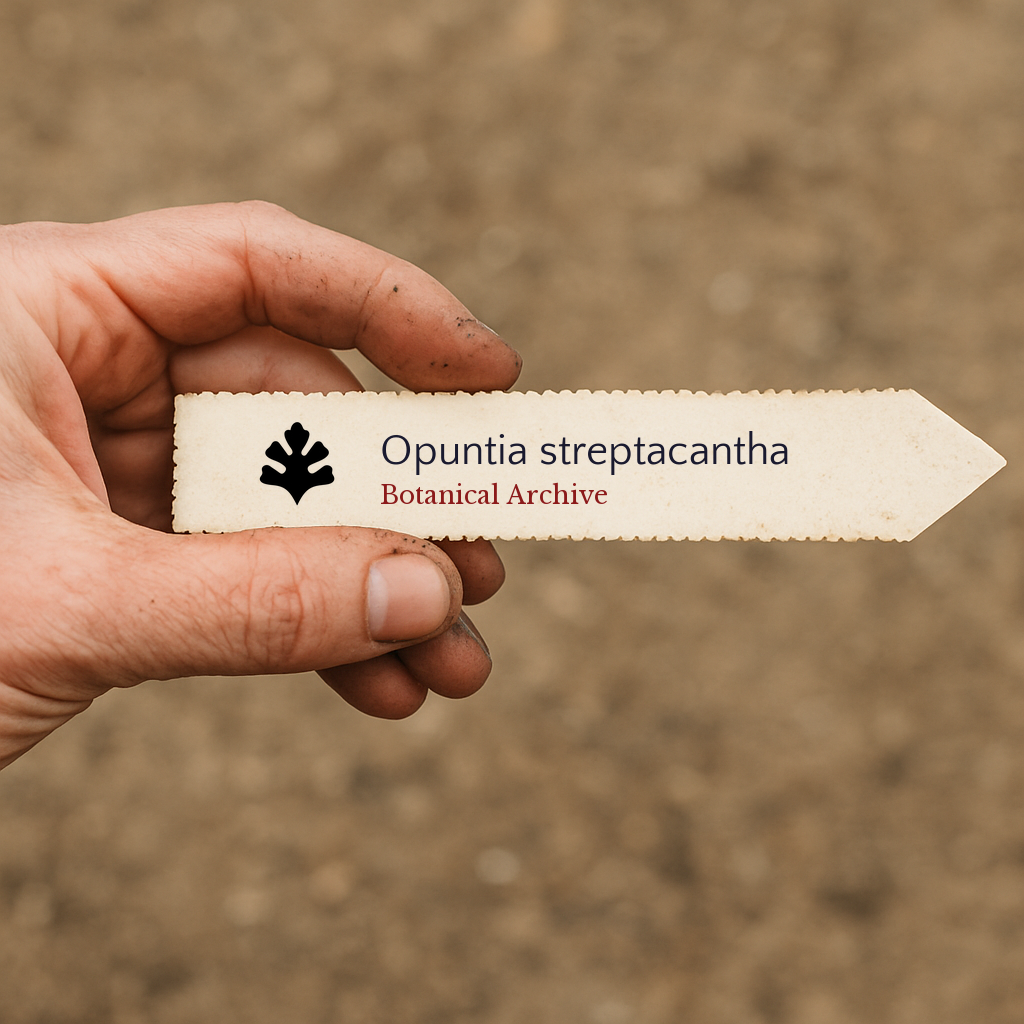 Printed plant label for Opuntia streptacantha held by hand over soil background