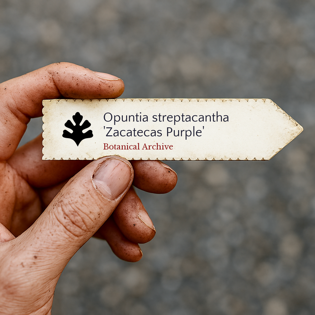 Printed plant label for Opuntia streptacantha 'Zacatecas Purple' held by dirty hand