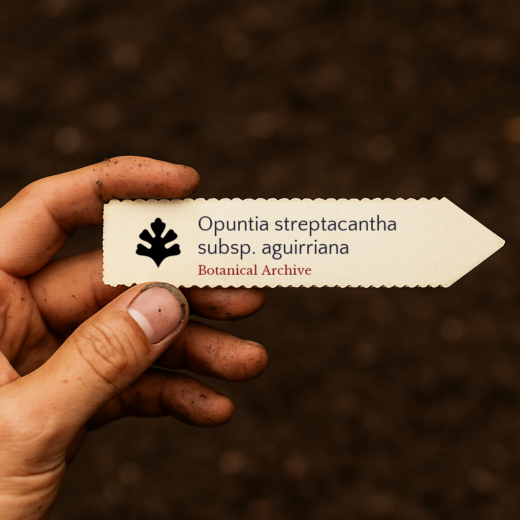 Printed plant label for Opuntia streptacantha subsp. aguirriana held by dirty hand over soil background