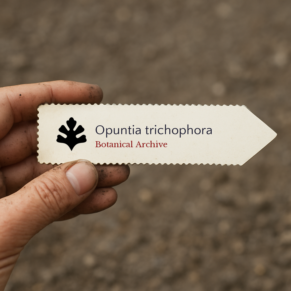 Printed plant label for Opuntia trichophora held by hand with soil background
