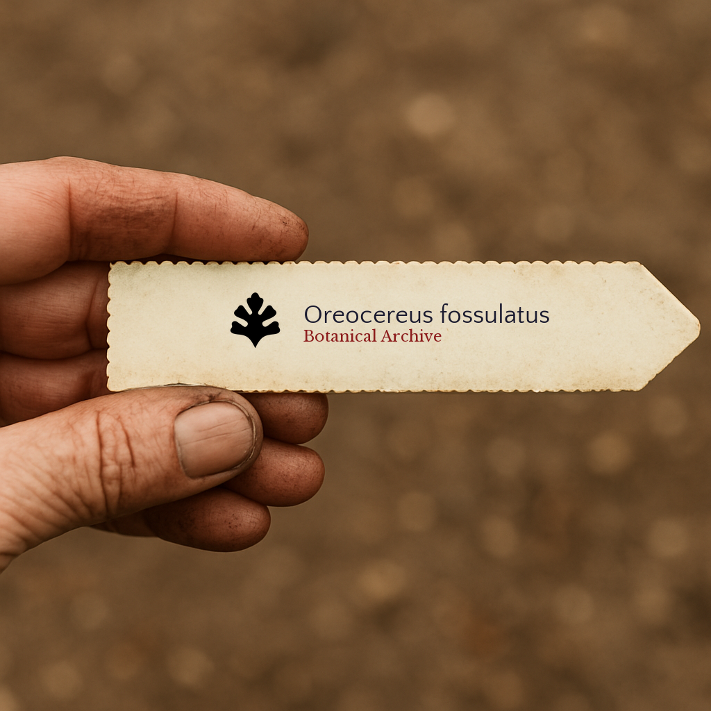 Printed plant label for Oreocereus fossulatus held by hand with soil background