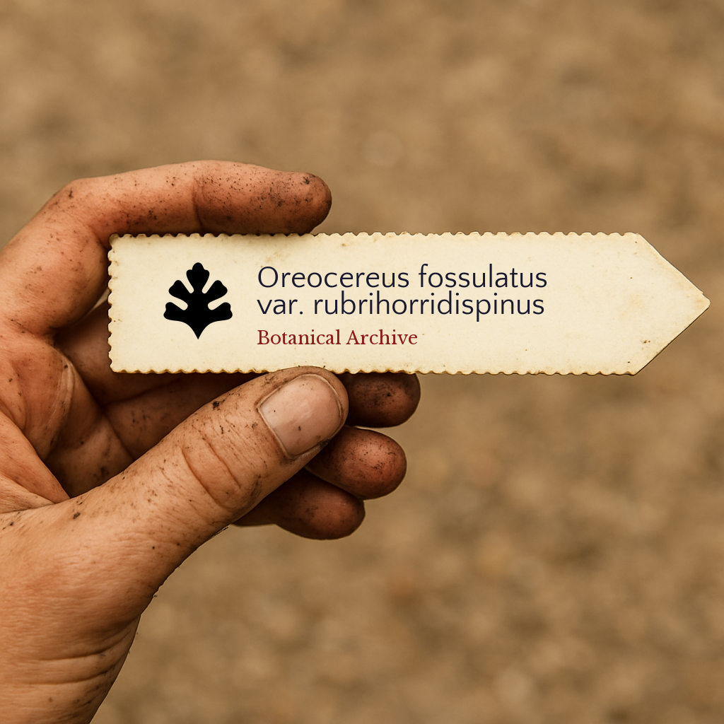 Handheld vintage botanical plant label for Oreocereus fossulatus var. rubrihorridispinus with dirt-stained fingers