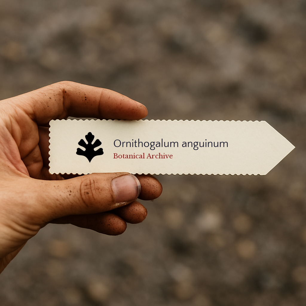 Printed plant label for Ornithogalum anguinum held by hand with soil background