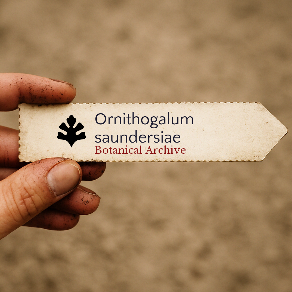 Printed plant label for Ornithogalum saundersiae with botanical archive logo held by hand