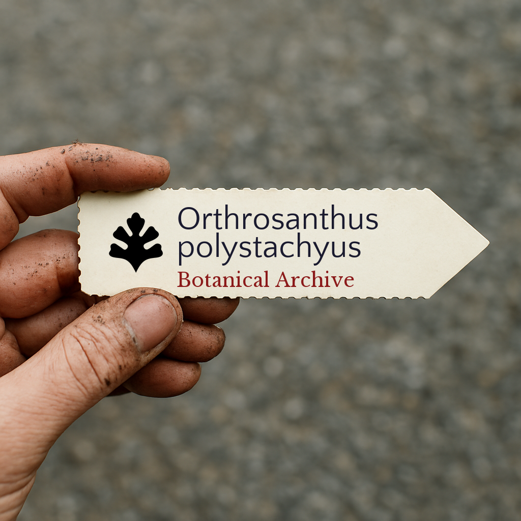 Printed plant label for Orthrosanthus polystachyus held by dirty hand outdoors