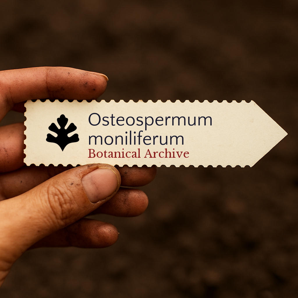 Printed plant label for Osteospermum moniliferum with botanical archive logo held by hand