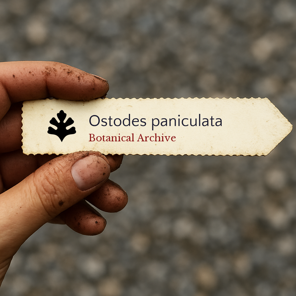 Printed plant label for Ostodes paniculata held by hand with dirt on fingers