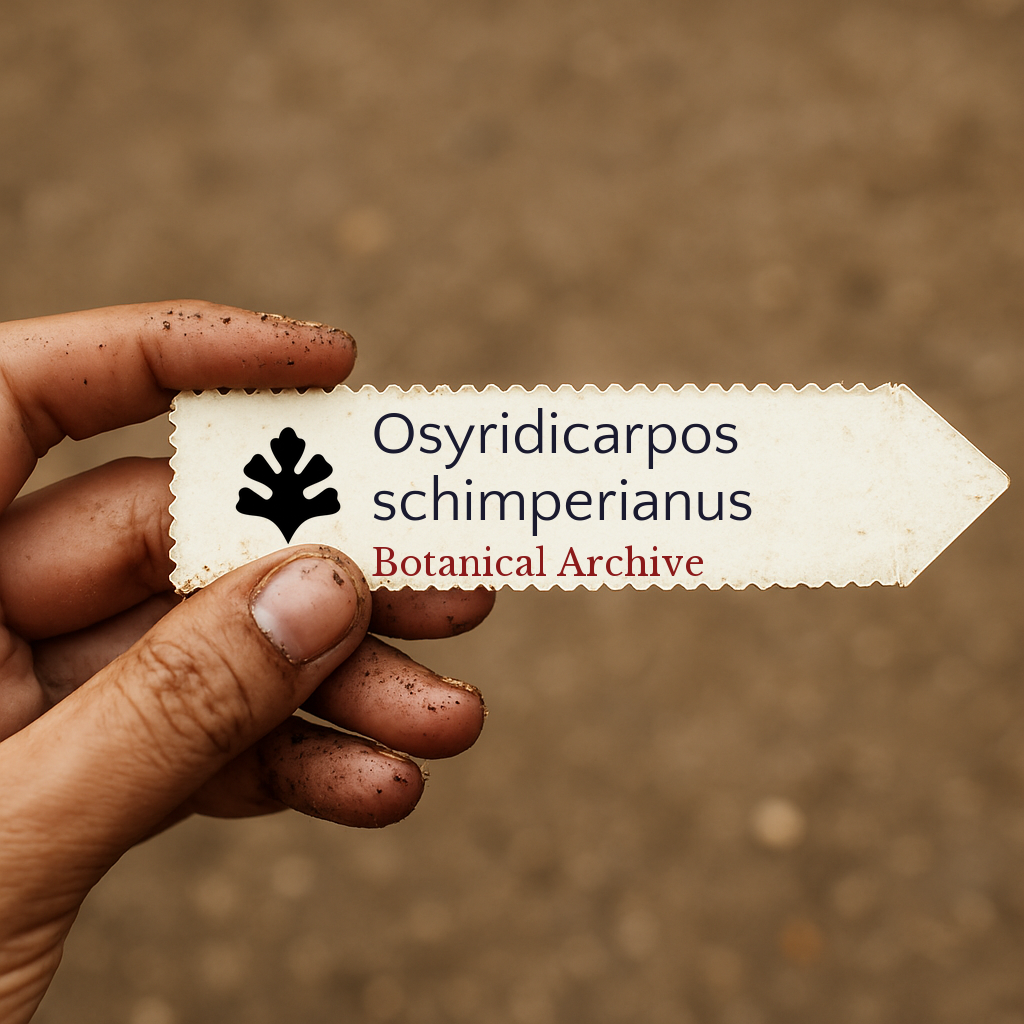 Printed plant label for Osyridicarpos schimperianus held by dirty hand outdoors
