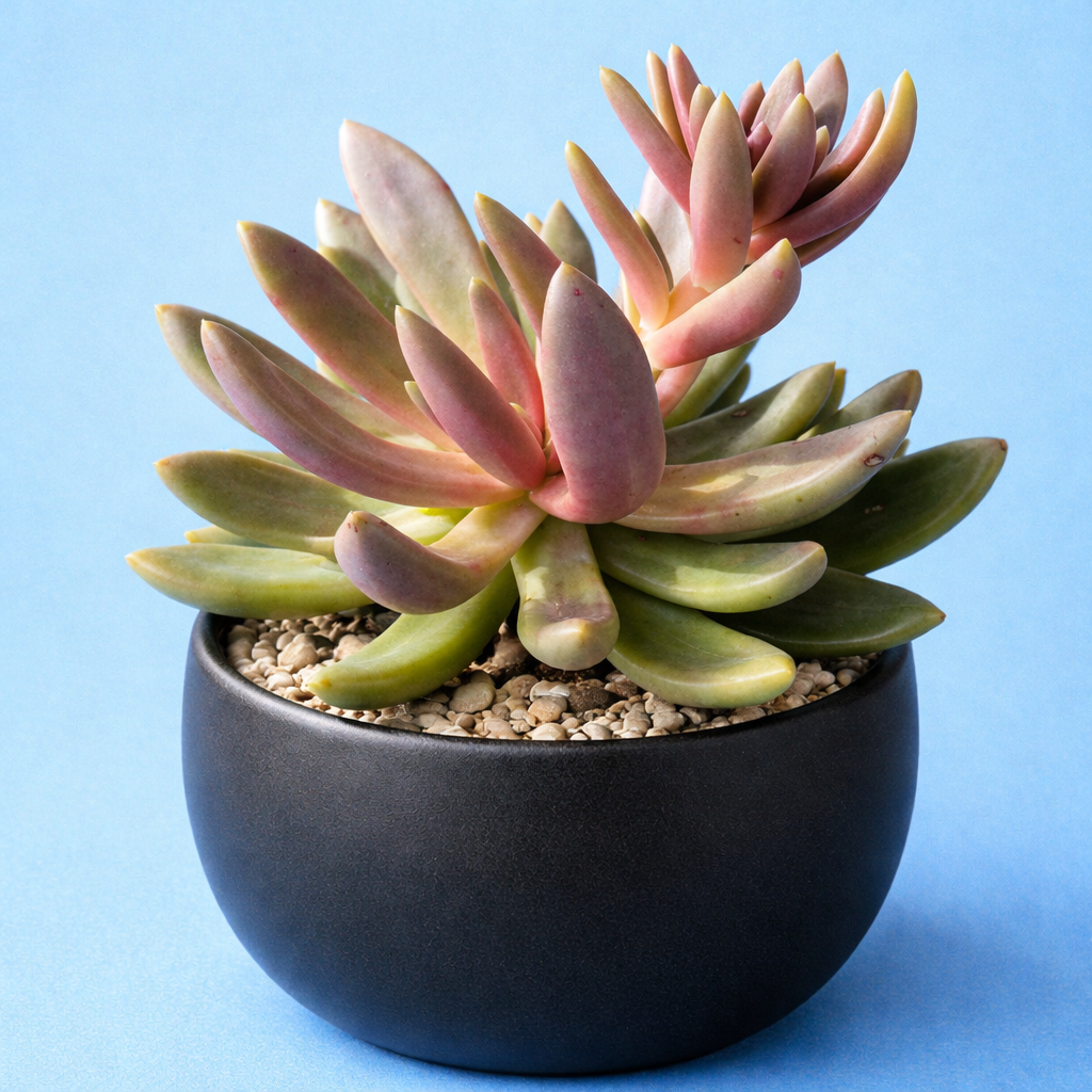 Pachyphytum fittkauii vetplant met volle roze en groene bladeren in zwarte pot