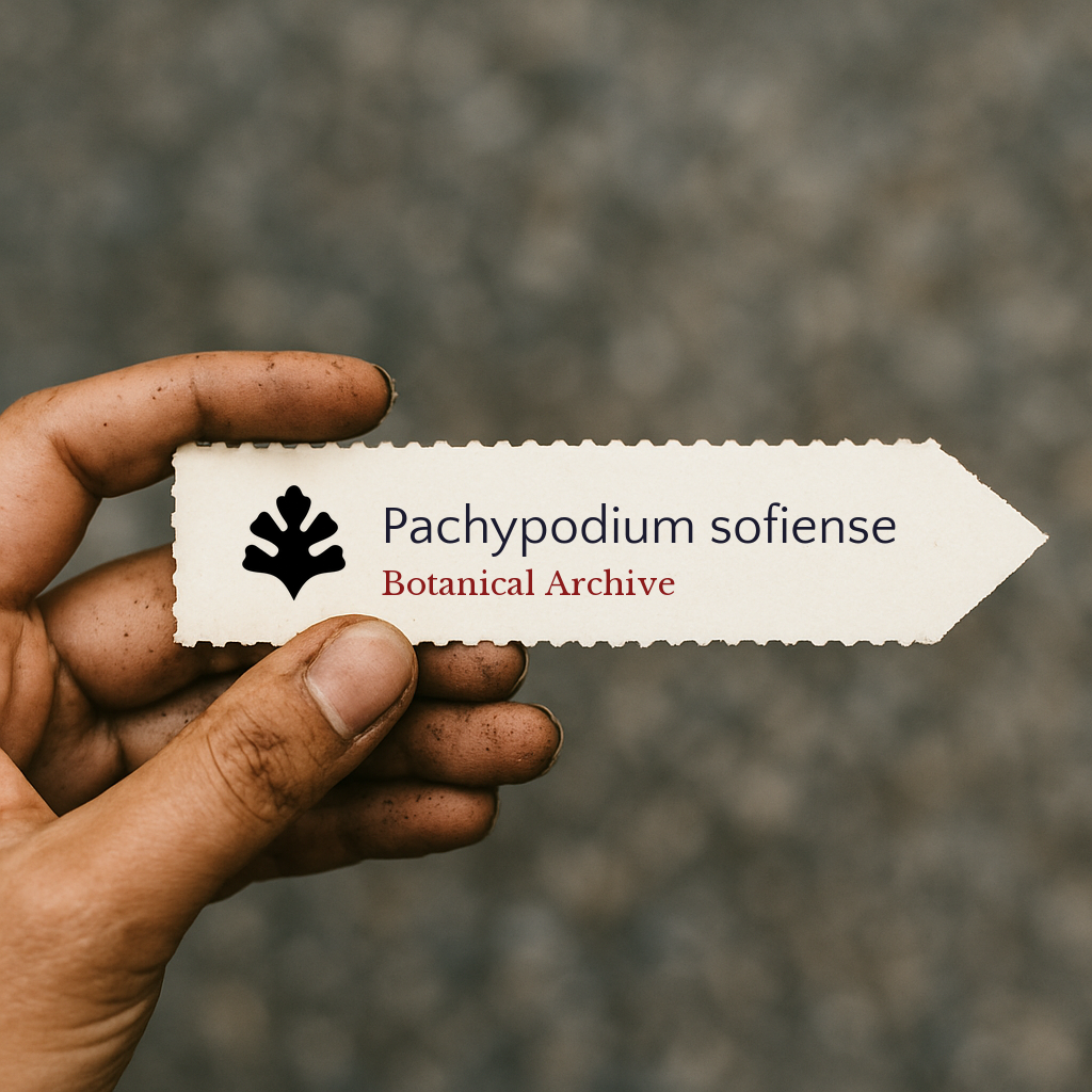 Printed plant label for Pachypodium sofiense held by hand with dirt on fingers