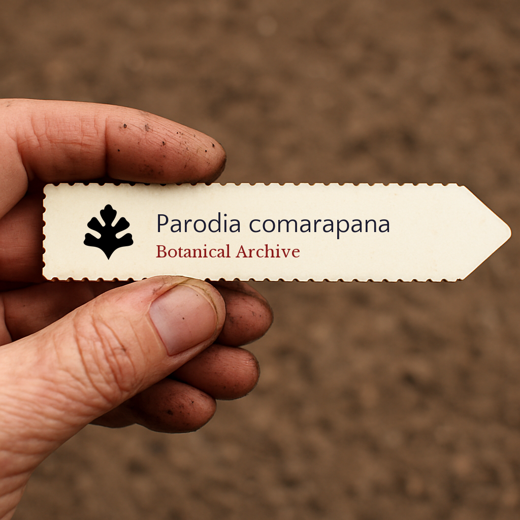 Etiqueta de planta impressa para Parodia comarapana segurada à mão com fundo de terra