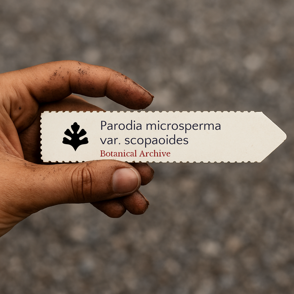 Etichetta per piante stampata per Parodia microsperma var. scopaoides tenuta in mano con sfondo di terra