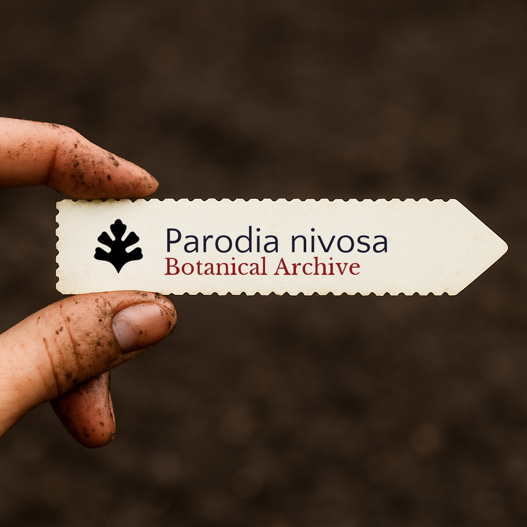 Printed plant label for Parodia nivosa held by hand with soil background