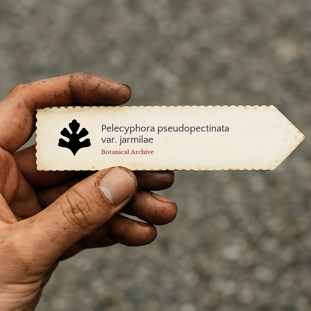 Printed plant label for Pelecyphora pseudopectinata var. jarmilae held by dirty hand outdoors