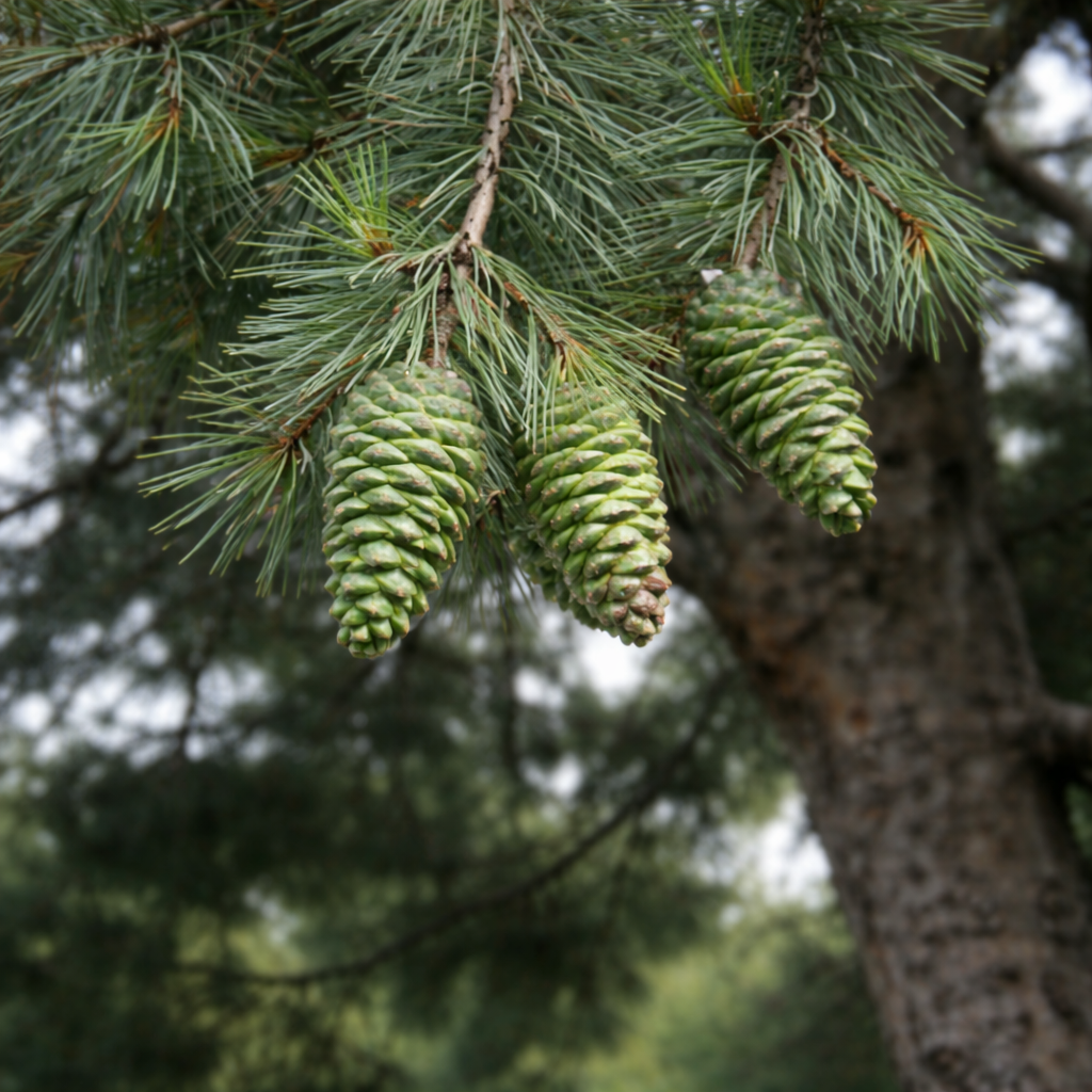 Pinus gerardiana 'Waziristan' groene dennenappels op naaldbedekte takken