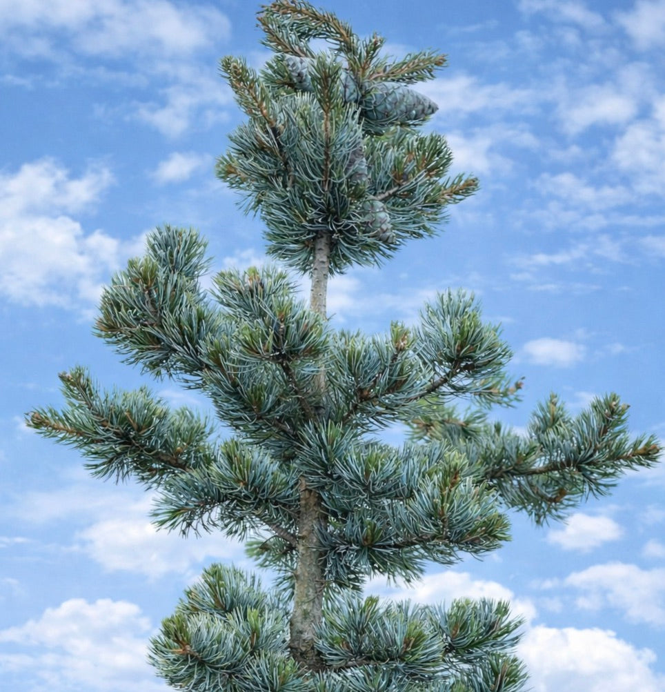 ヒノキバラモミ(Pinus parviflora)希少な青緑色の針葉を持つ常緑針葉樹で、密集した葉と松ぼっくりがあります