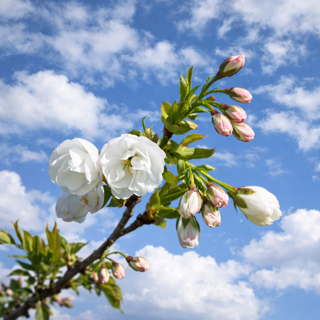 Prunus serrulata cv SHIROTAE white double flowers on blossoming branch against sky