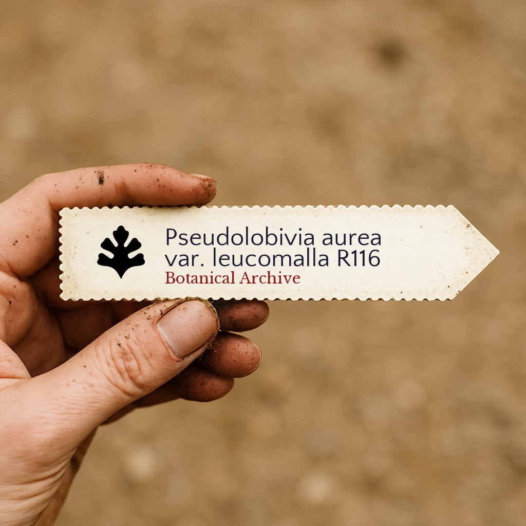 Bedrucktes Pflanzenetikett für Pseudolobivia aurea var. leucomalla R116, von Hand gehalten vor Erdhintergrund