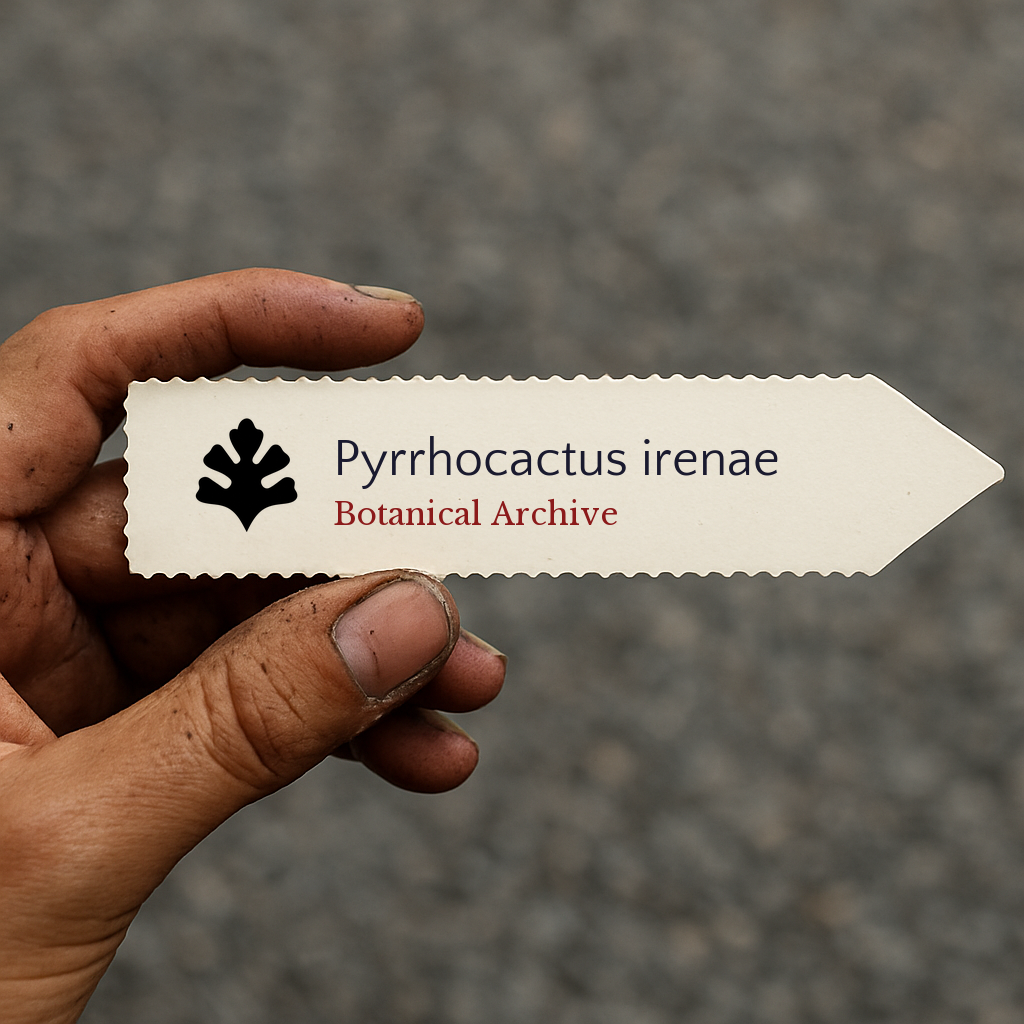 Etichetta per pianta stampata per Pyrrhocactus irenae tenuta a mano con terra sulle dita