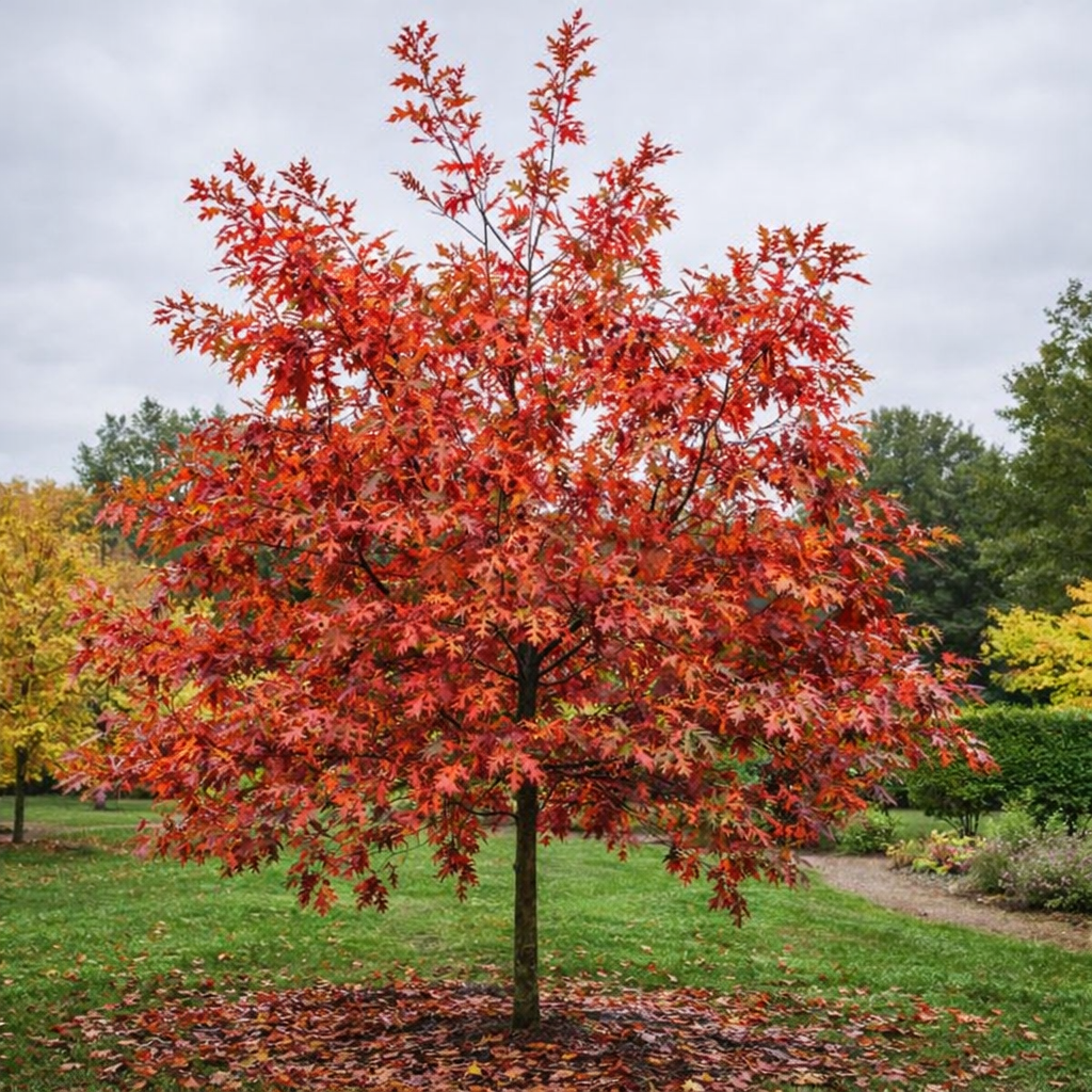 Quercus texana 'NEW MADRID' tre med livlig rødt høstløv i hageomgivelse