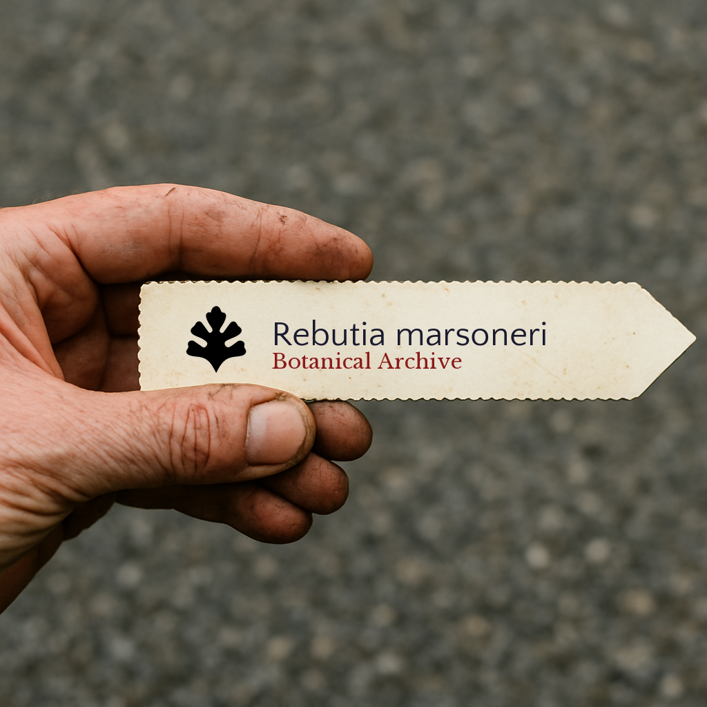 Printed plant label for Rebutia marsoneri held by hand with rough textured background