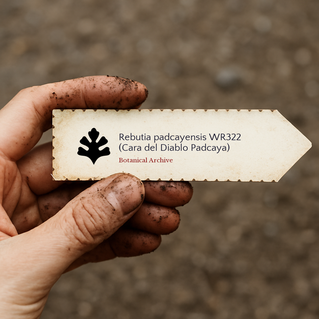 Printed plant label for Rebutia padcayensis WR322 held by dirty hand outdoors