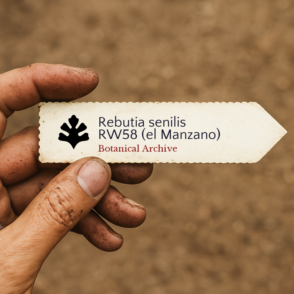Printed plant label for Rebutia senilis RW58 (el Manzano) held by dirty hand outdoors