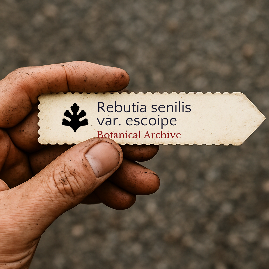 Printed plant label for Rebutia senilis var. escoipe held by dirty hand outdoors