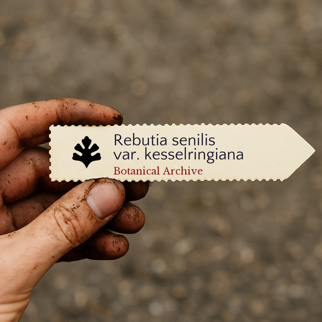 Printed plant label for Rebutia senilis var. kesselringiana held by dirty hand outdoors