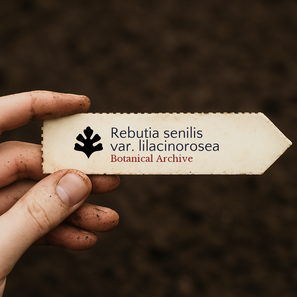 Printed plant label for Rebutia senilis var. lilacinorosea held over soil background