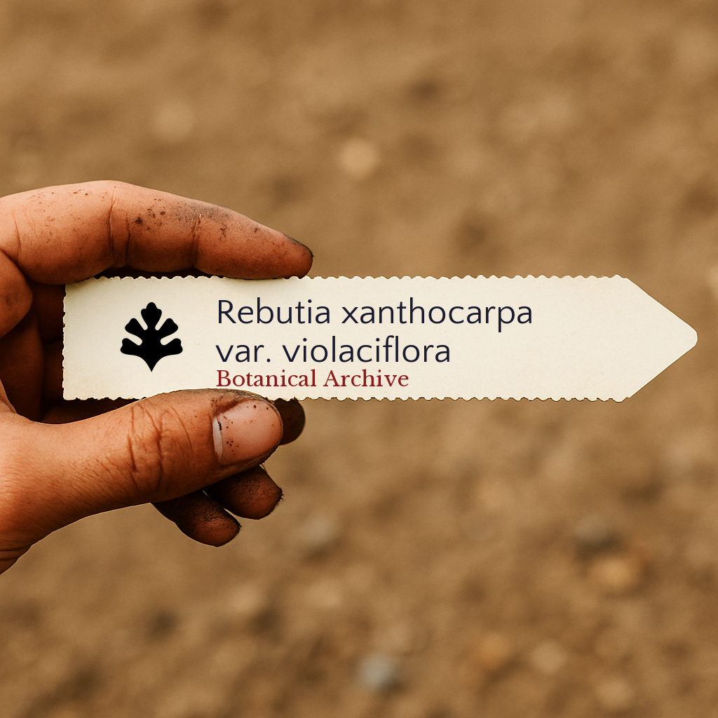 Printed plant label for Rebutia xanthocarpa var. violaciflora held by dirty hand outdoors