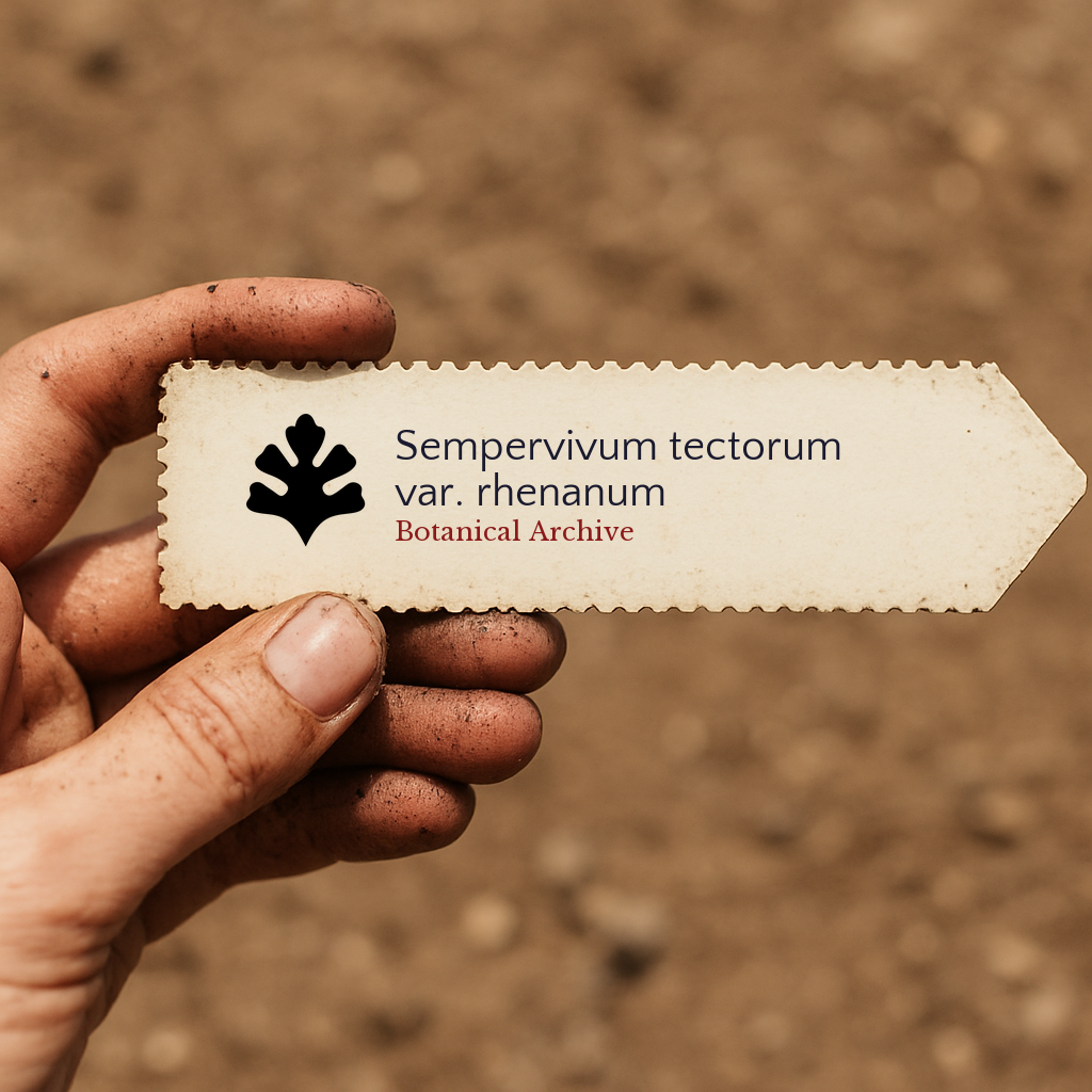 Printed plant label for Sempervivum tectorum var. rhenanum held by dirty hand outdoors