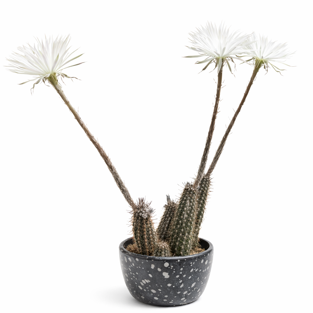 Setiechinopsis mirabilis, cactus rare avec des tiges épineuses hautes et de grandes fleurs blanches en pot