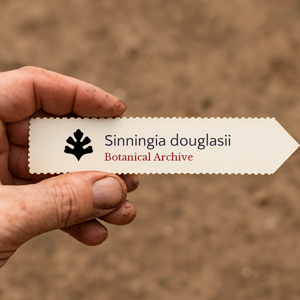 흙 배경 위에 더럽혀진 손이 들고 있는 시닝기아 더글라시이 식물 라벨 인쇄물