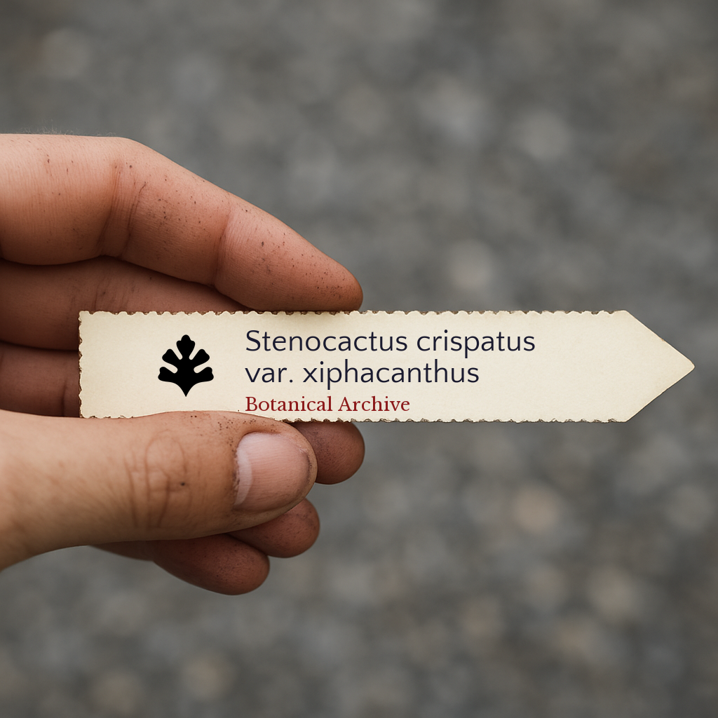Étiquette de plante imprimée pour Stenocactus crispatus var. xiphacanthus tenue en main avec des doigts tachés de terre