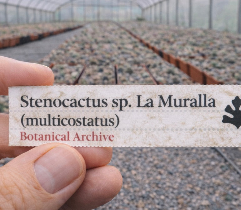 Trykt planteetikett for Stenocactus sp. La Muralla (multicostatus) holdt i drivhusmiljø