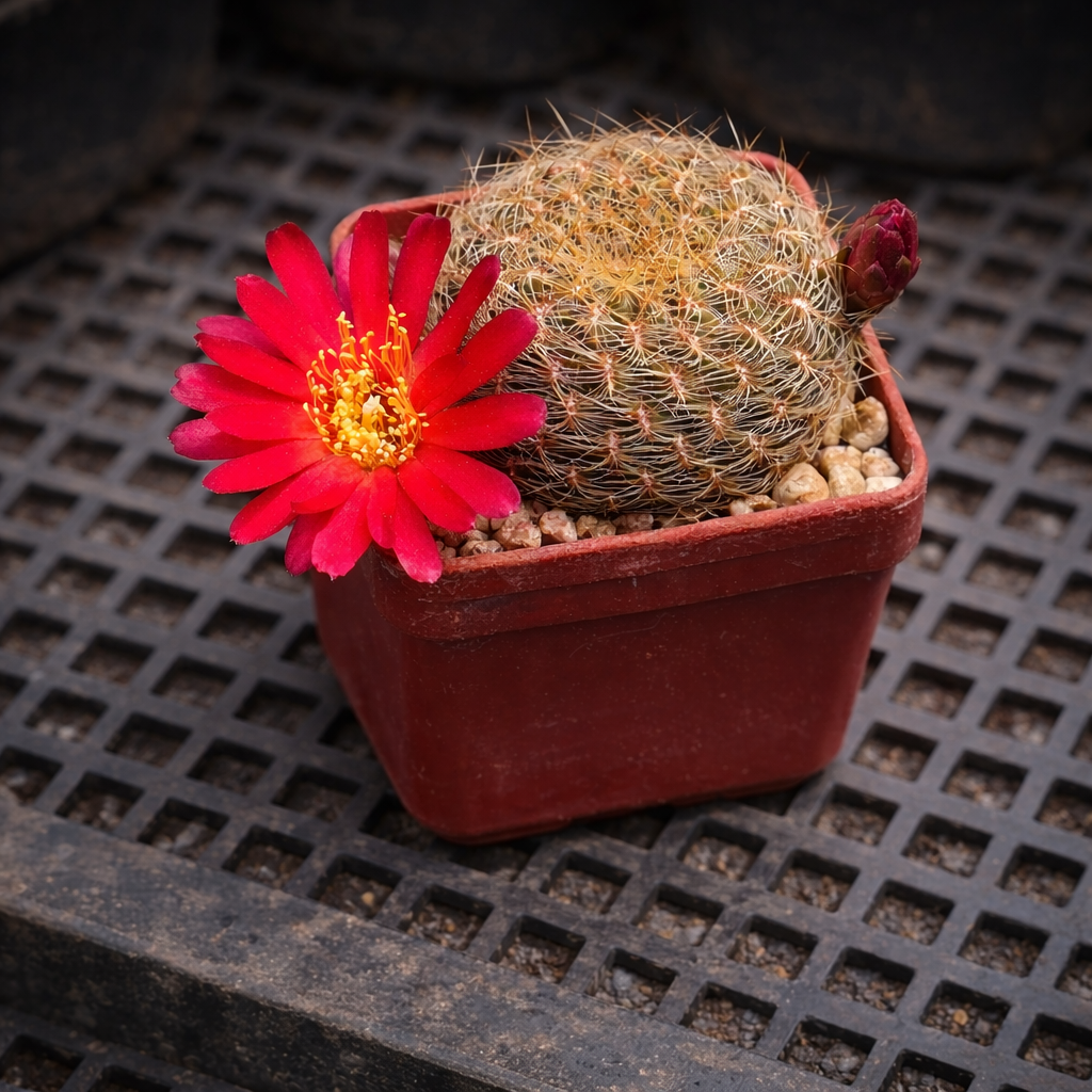 Sulcorebutia oenantha pequeño cactus con flor roja brillante en una maceta ejemplar suculento