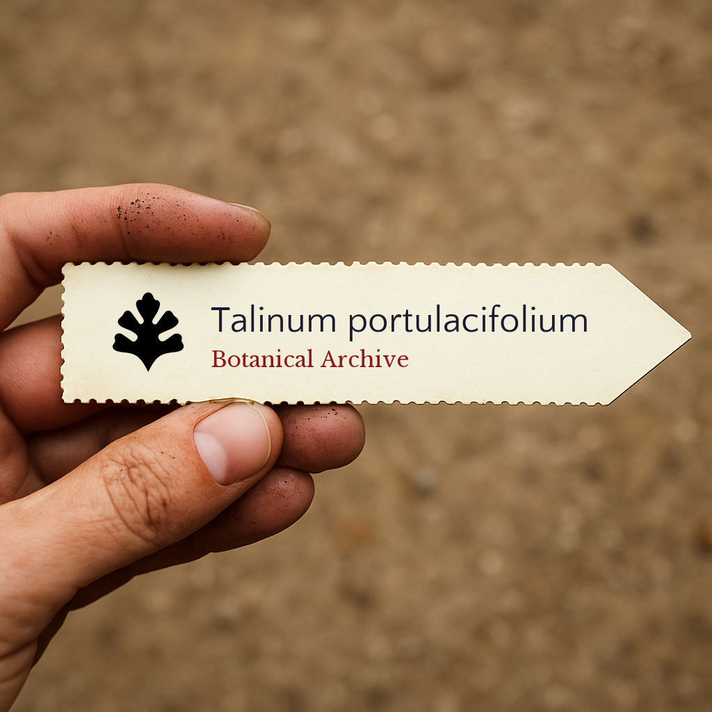 Printed plant label for Talinum portulacifolium held by hand with soil background