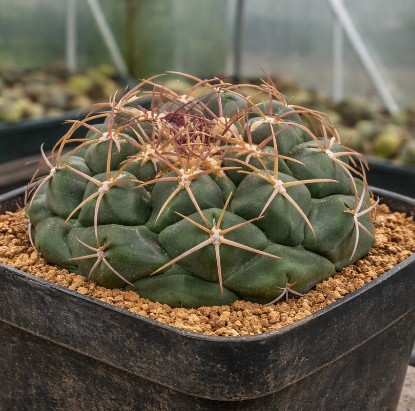 Thelocactus jarmilae raro cactus suculento con espinas marrones curvas en maceta negra