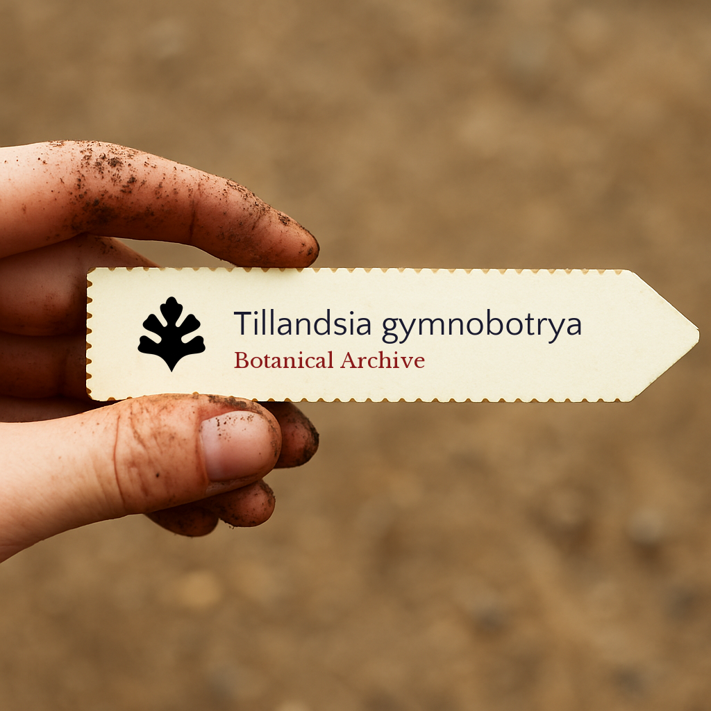 Printed plant label for Tillandsia gymnobotrya held by dirty hand over soil background