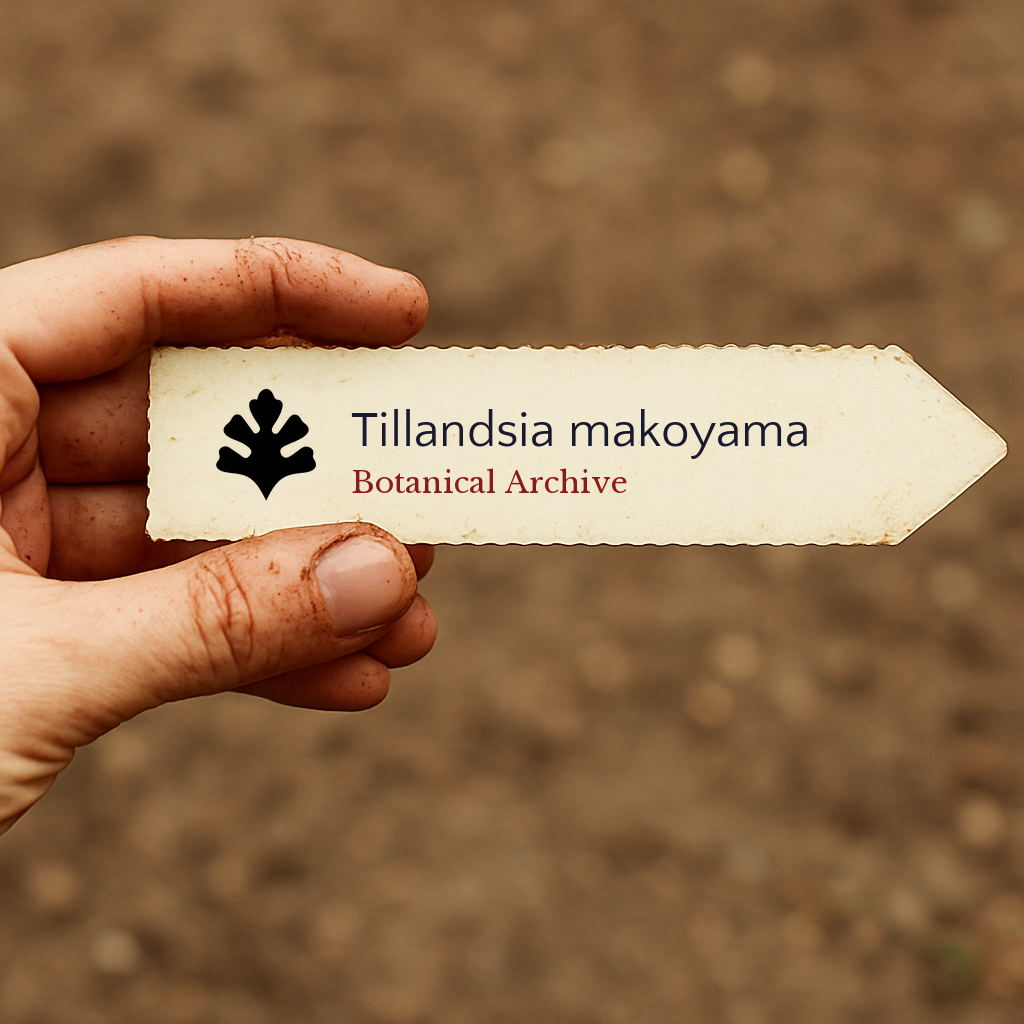 Gedrukt plantenlabel voor Tillandsia makoyama vastgehouden met de hand met een achtergrond van aarde