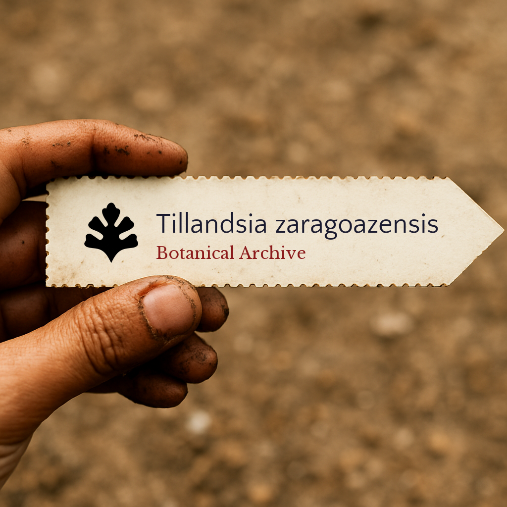Gedrukt plantenlabel voor Tillandsia zaragoazensis, vastgehouden in de hand met een achtergrond van aarde